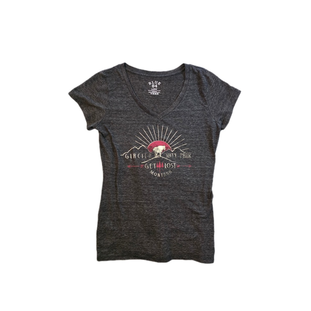 a dark gray, short-sleeve V-neck graphic t-shirt by Blue 84 size large